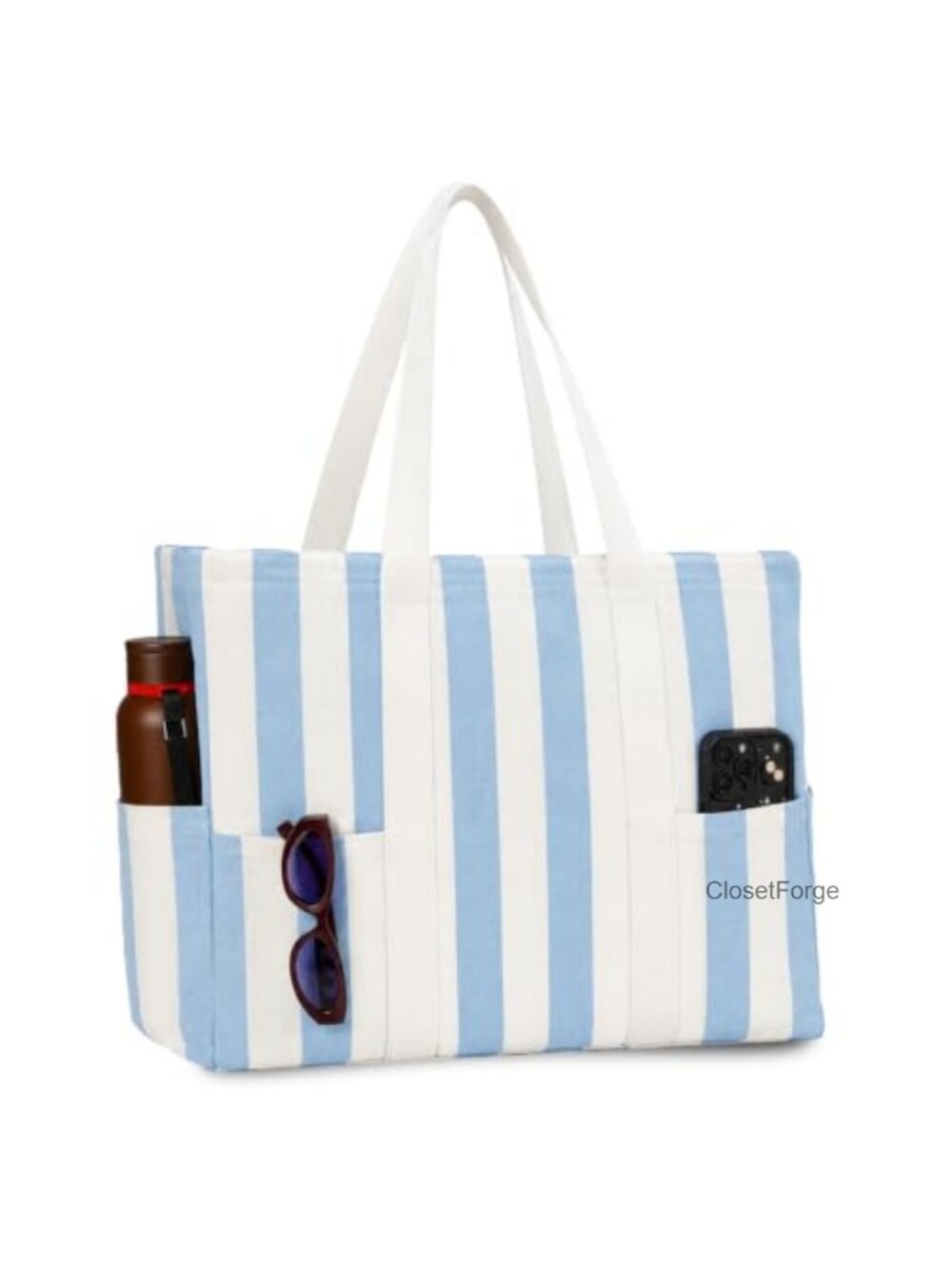 Large Striped Beach Tote with Zipper, Cotton Travel Bag, 18x15, Gift